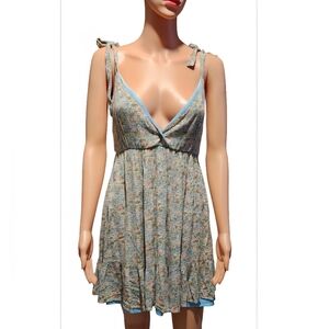 Altar'd State Floral Tie-Shoulder Mini Dress - Blue and Cream